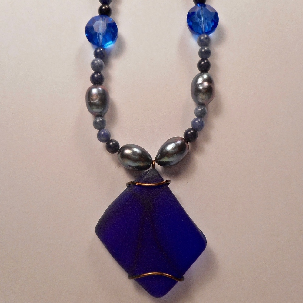 cobalt beach glass and blue pearl boho necklace